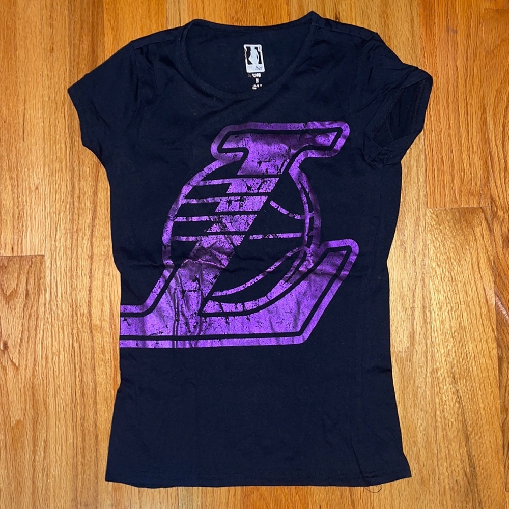 Black with purple letters Lakers shirt